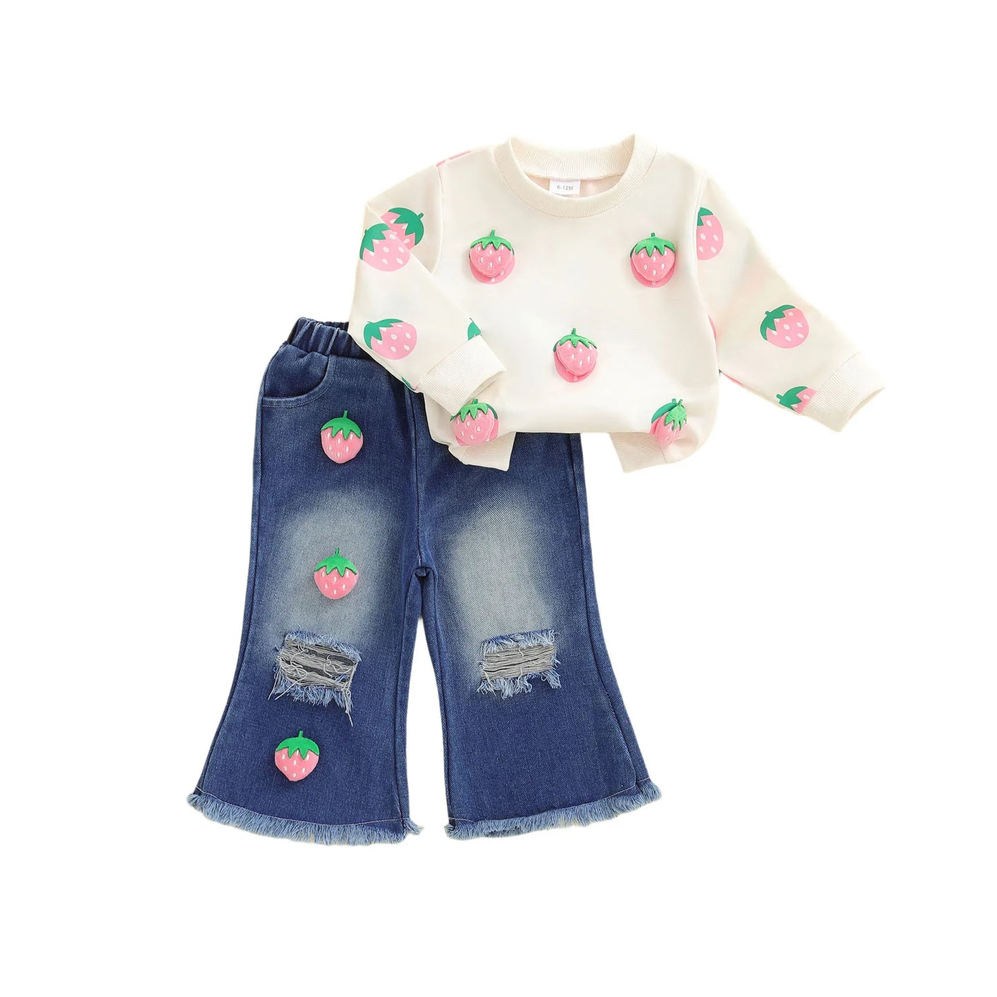 Kids Girls Fall Winter Clothes Set - 3D Strawberry Long Sleeve Pullover Top & Ripped Denim Flare Pants