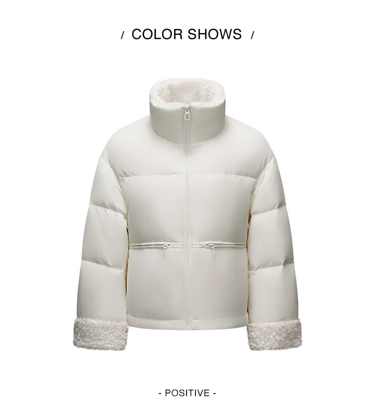Down Jacket Women Loose Solid Color Winter Patchwork Imitation Lamb Wool Stand-Up Collar Textured