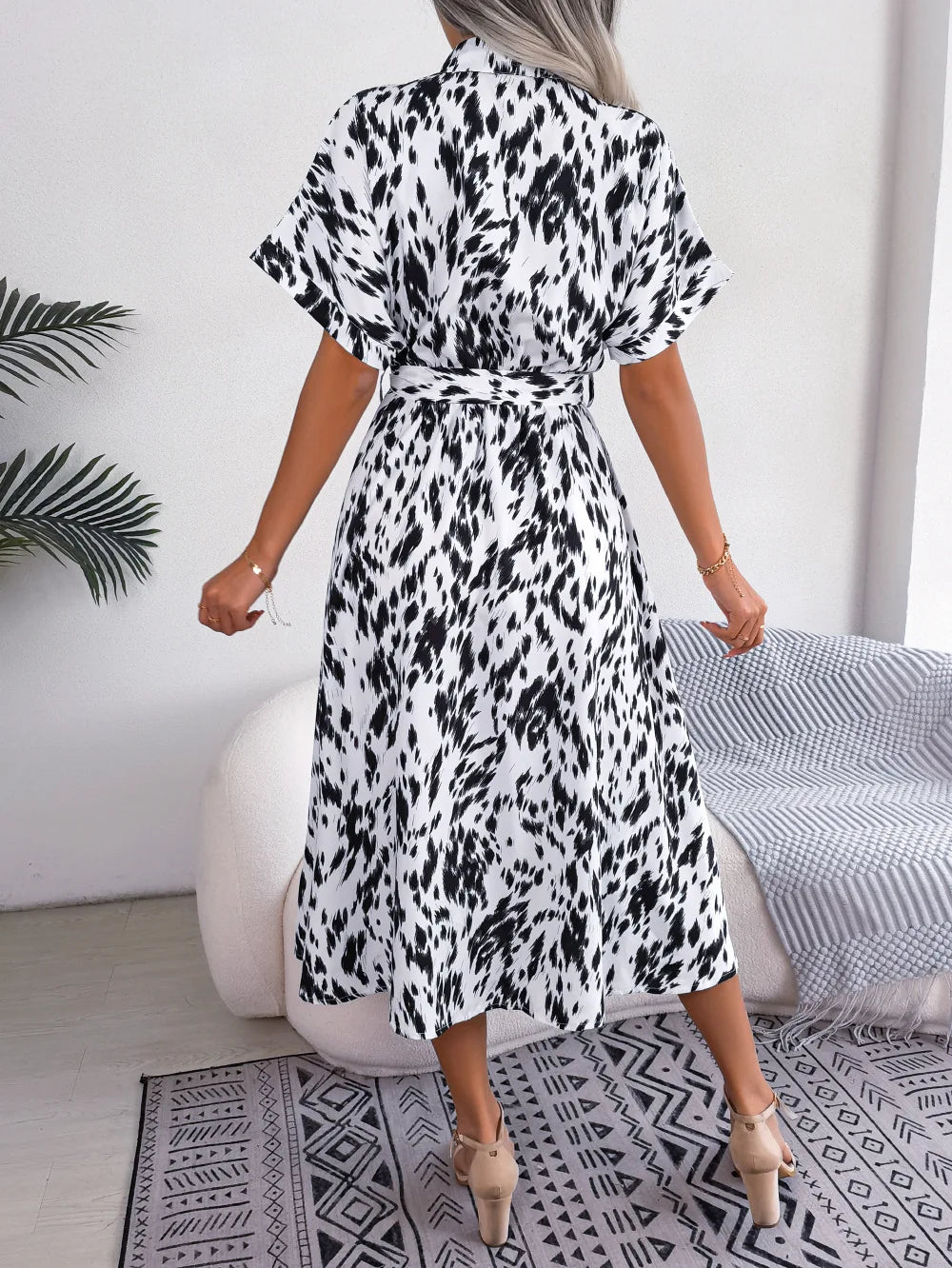 Women's Summer Casual Loose Leopard Lace Up Shirt Chic Dress