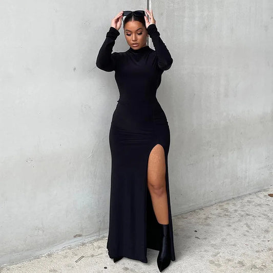 Women's Cut Out Chain Backless Maxi Party Club Long Sleeve Slit Long Dress