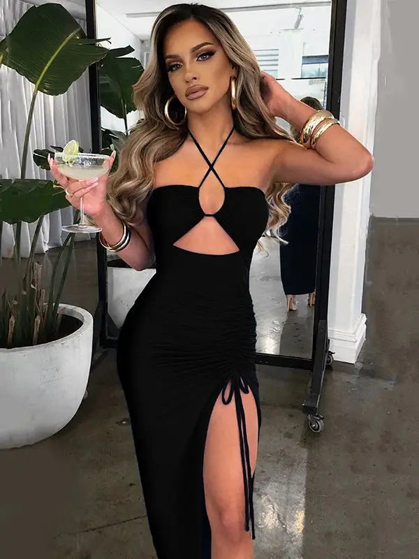 Women's Halter Backless Sleeveless Cut Out Maxi Elegant Party Slit Dress