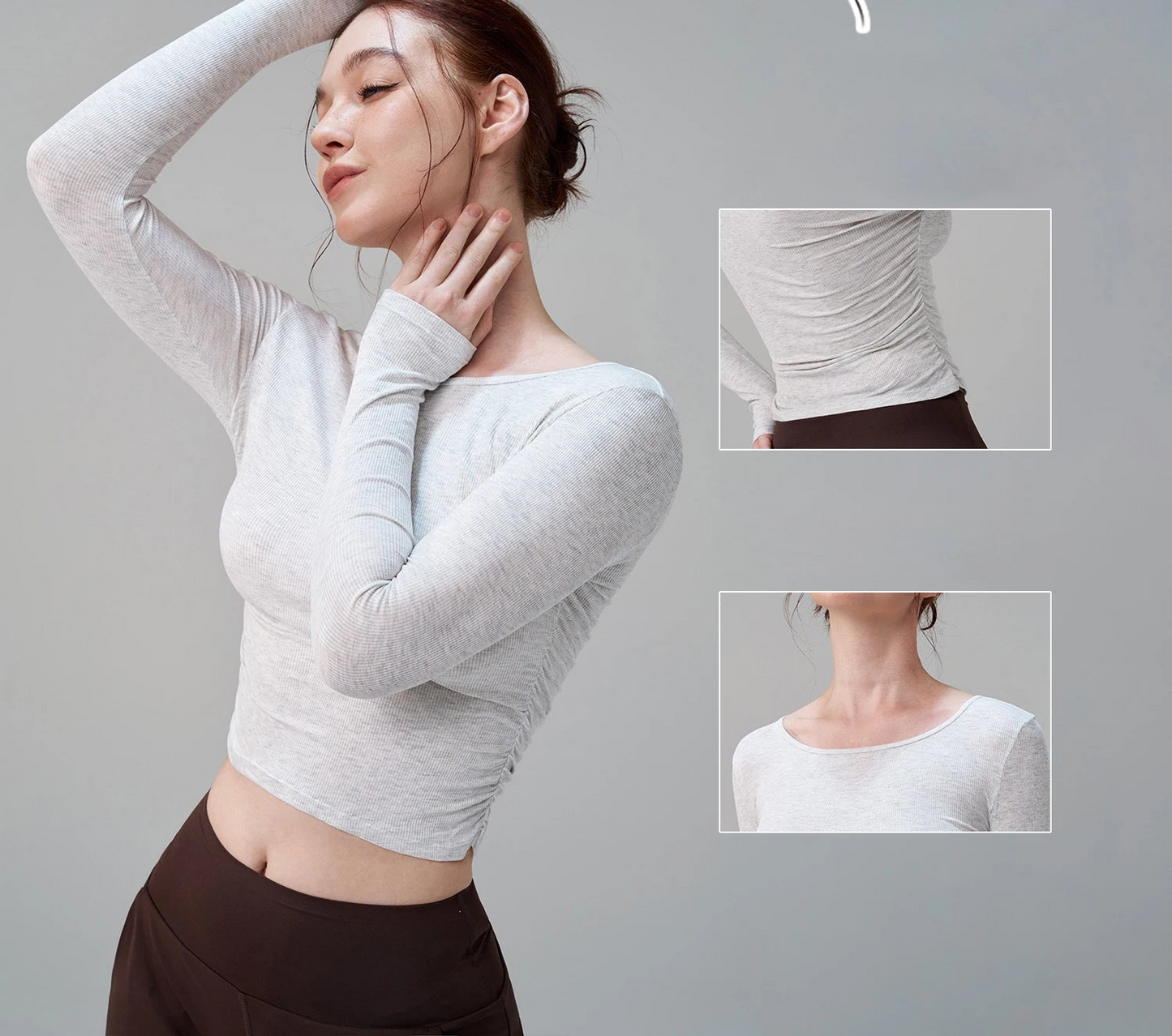 Ribbed Gym Top - Long Sleeve Drape Sides Yoga Shirt with Dry Fit