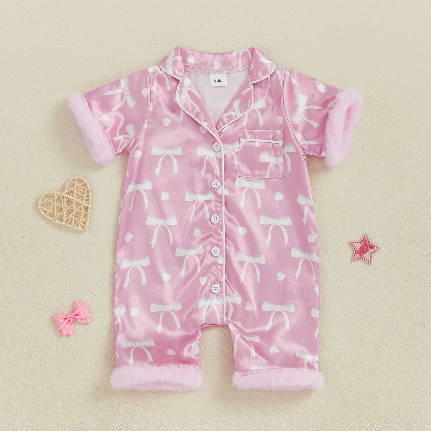 Baby Girls' Satin Romper Pajamas - Bow Print Feather Cuffs Short Sleeve Lapel Jumpsuit