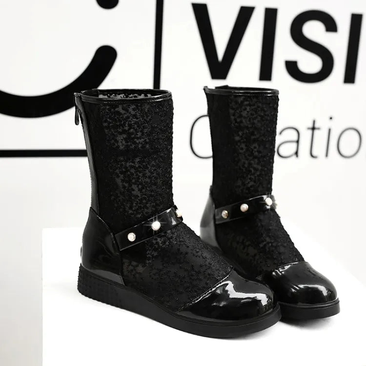 Women's Leather Splicing Mesh Pearl Metal Decoration Zipper Ankle Boots