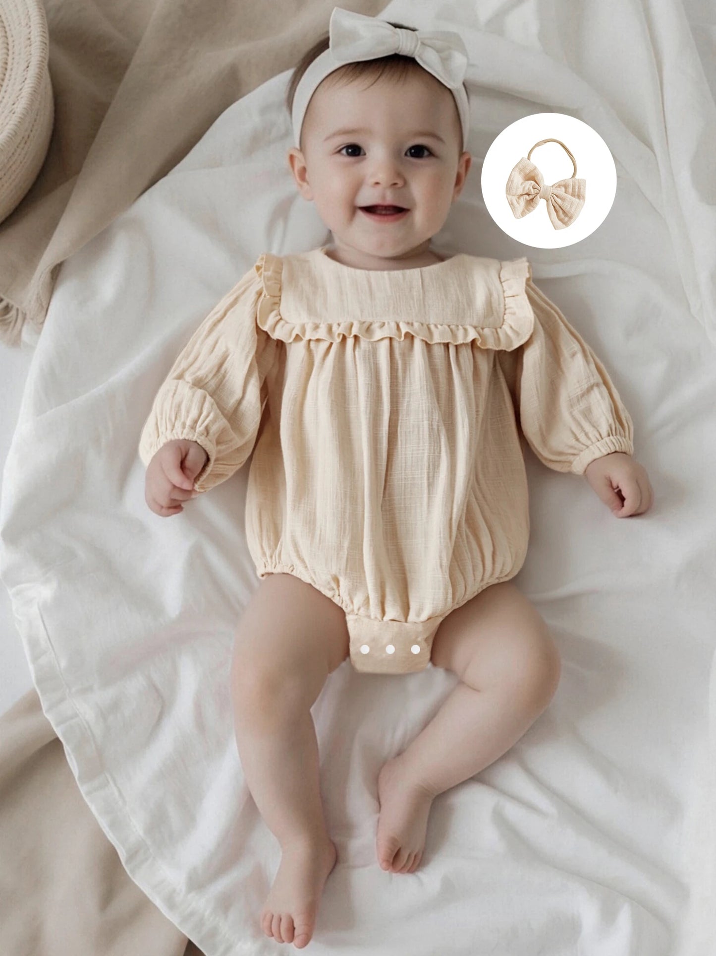 Baby Girls Fall Romper - Solid Color Long Sleeve Round Neck Ruffled Jumpsuit with Bow Headband
