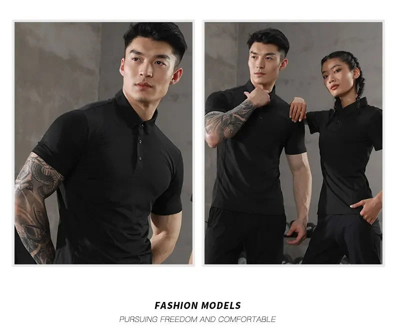 Men's Summer Casual Stretch Gym Muscle Fit Shirt Sports Quick Dry Ice Silk Short Sleeve Golf Polo Lapel T-Shirt