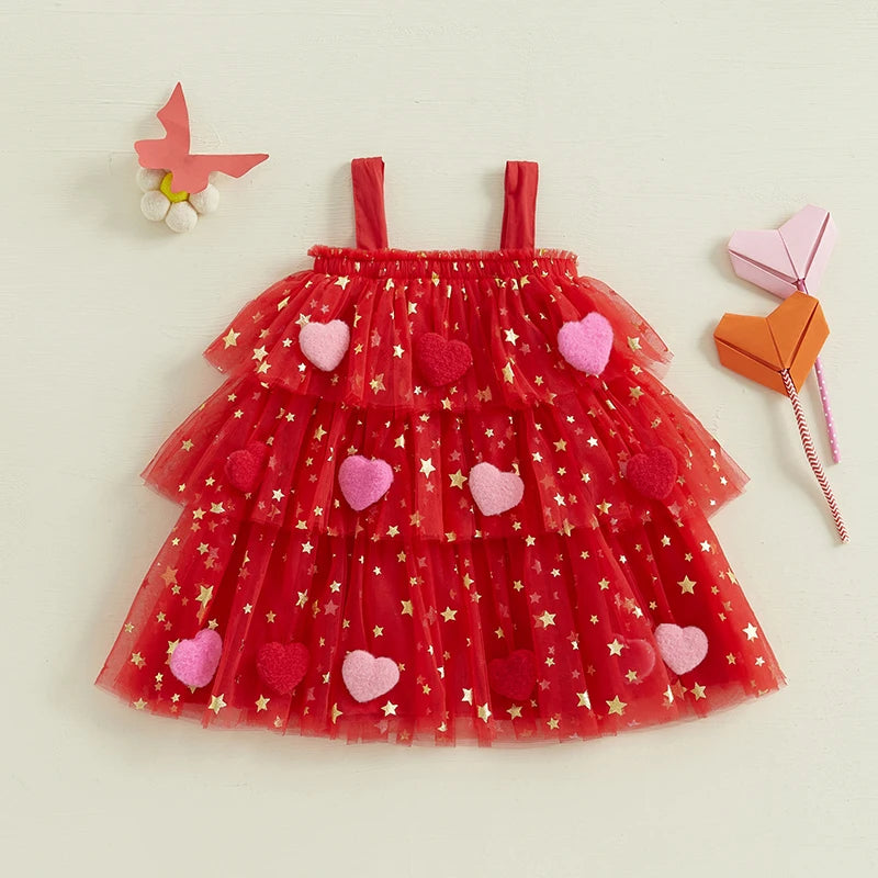 Girl's Festive Dress - Star Lace Layered Tulle Sundress with Plush Ball