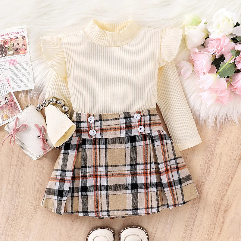 Little Girl Fall Clothes Set - Ruffle Long Sleeve Ribbed Top & Plaid A-Line Skirt