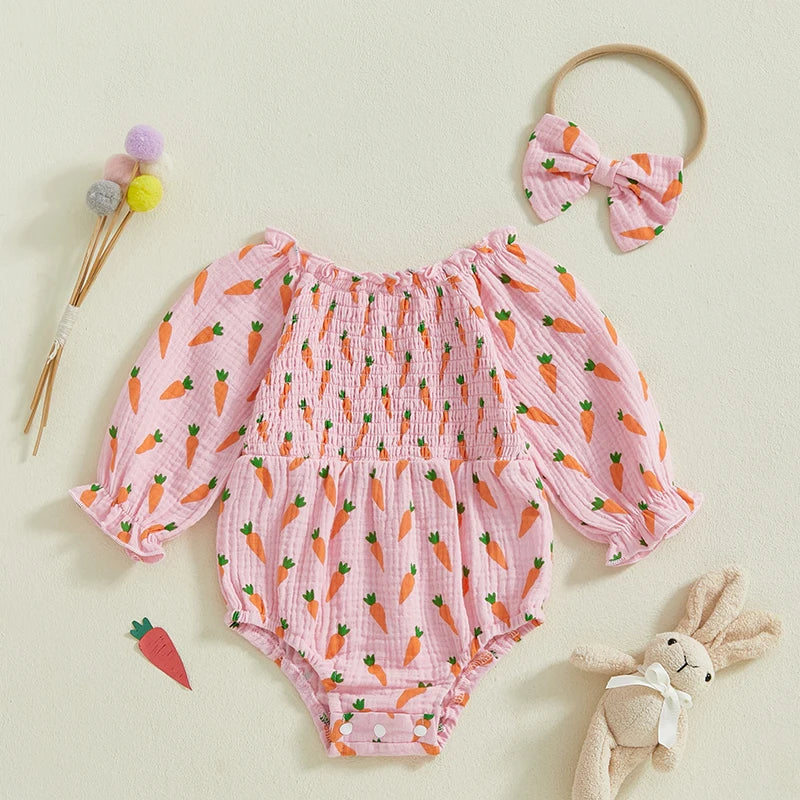Baby Girls Easter Romper Set - Carrot Print Long Sleeve Jumpsuit with Bow Headband