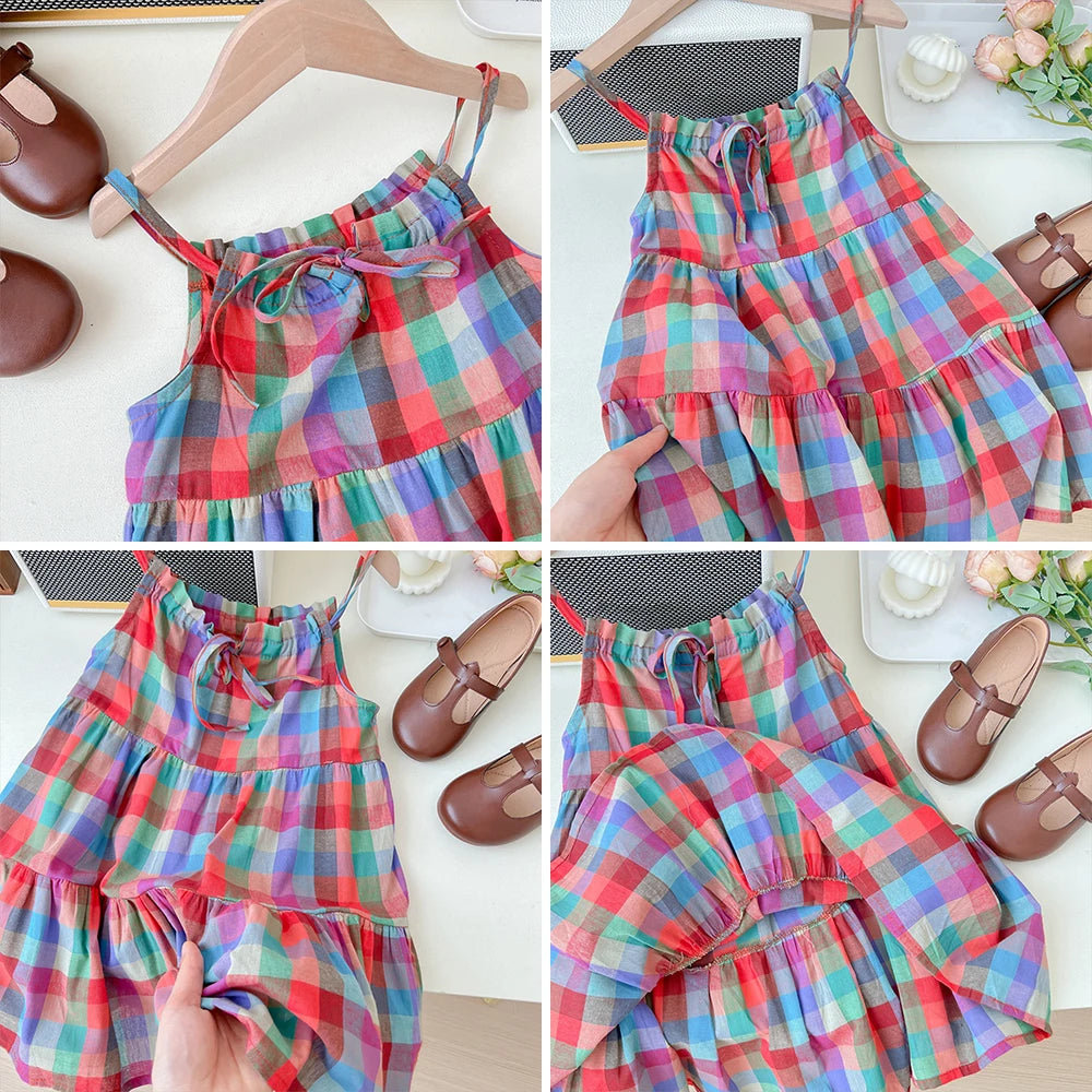 Girl's Summer Plaid Strap  Sleeveless Dress