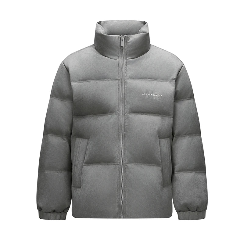 Down Jacket Men Faux Suede Texture Stand Collar Puffer Coat Winter Loose Fit Warm Outerwear