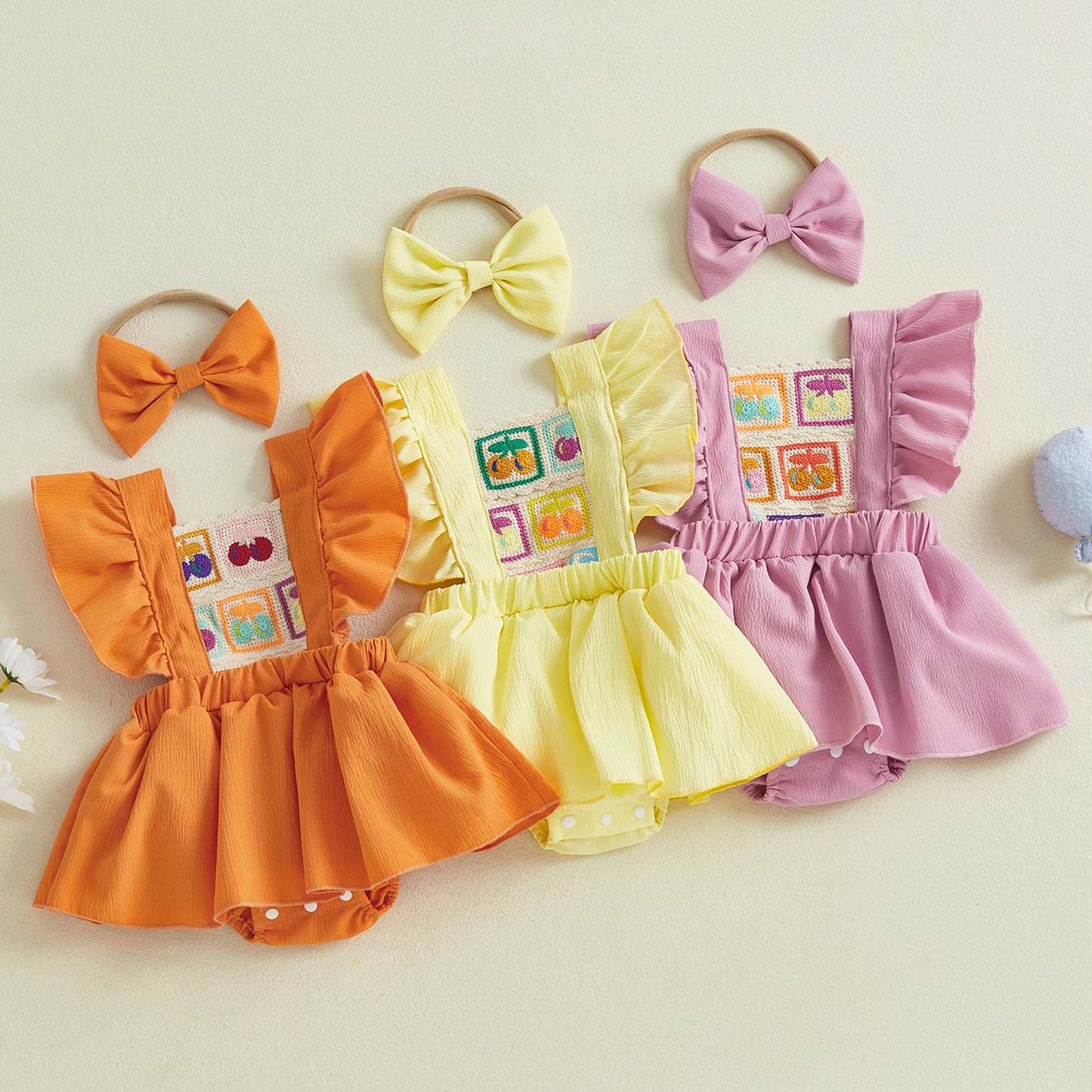 0-18M 2pcs Baby Girls Rompers Dress Cherry Embroidery Ruffles Fly Sleeve Skirt Hem Jumpsuits with Headband