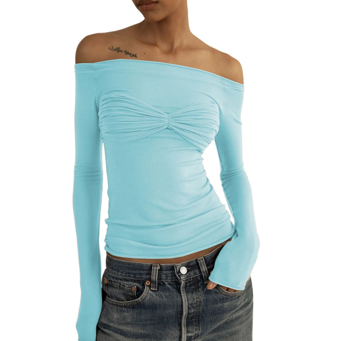 Women's Off Shoulder Ruched Knit Top - Long Sleeve Top
