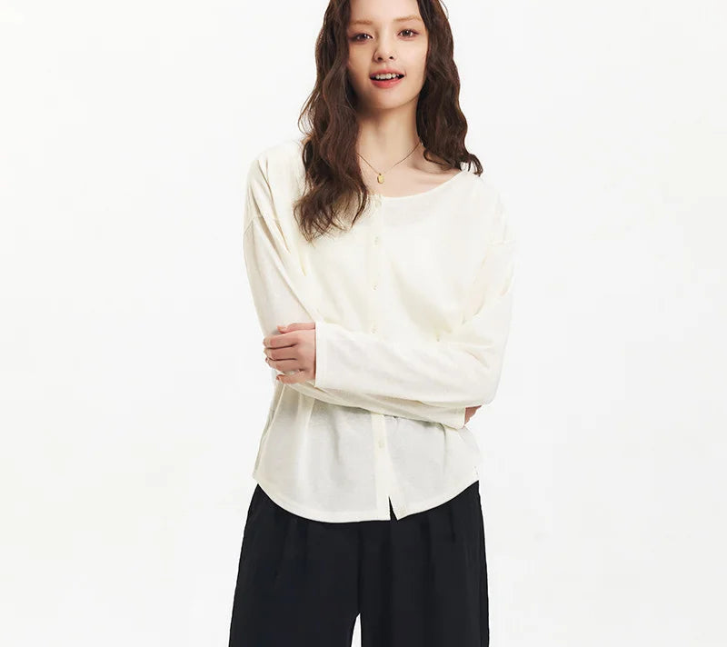 Women's Long Sleeve U-Neck T-Shirt - Minimalist Elegant Cardigan Style Top