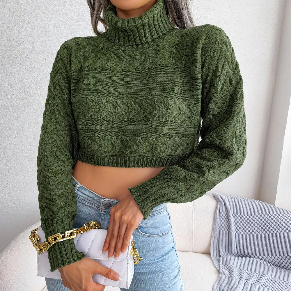 Women's Autumn Winter Casual Twist Long Sleeve Turtleneck Crop Knit Sweater