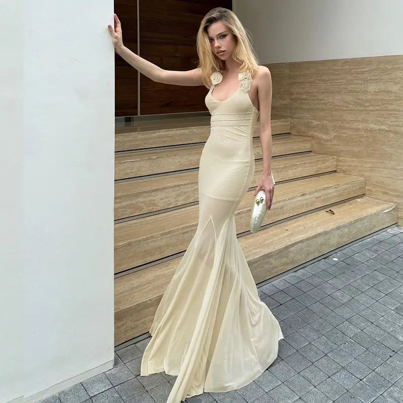 Women's Floral Applique Maxi Summer Halter Neck Plunge Backless Mesh Sheer Dress