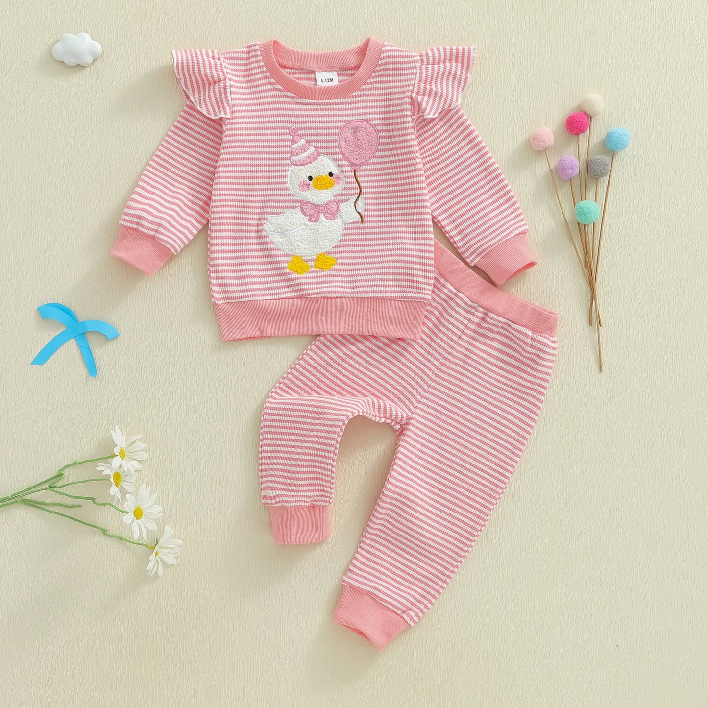 Baby Girls Goose Embroidered Striped Outfit Set (0-4Y)
