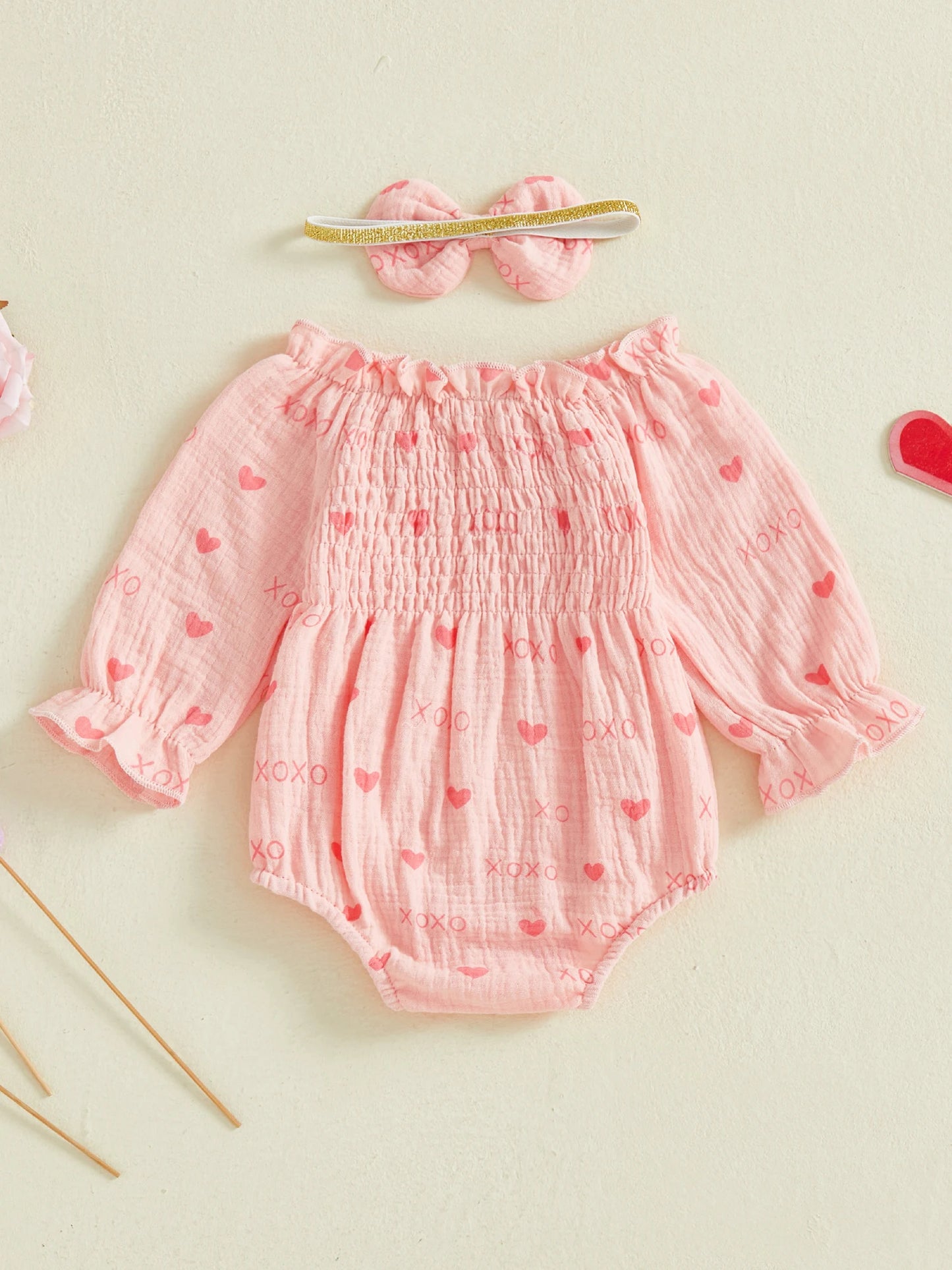Baby Girls Valentine's Day Romper - Heart Print Smocked Jumpsuit with Headband 0-18M