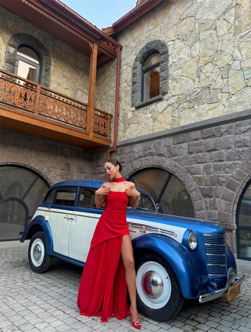 Women's Elegant Strapless Maxi Gown With Scarf Off-shoulder Sleeveless Backless Split Beach Long Dress