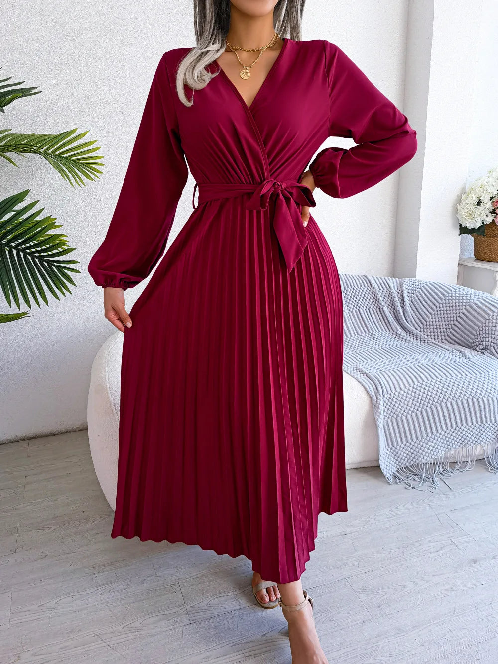 Women's Spring Summer Cross V Neck Large Hem Pleated Long Dress