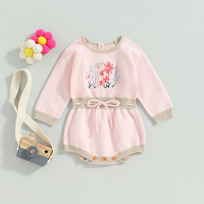 0-24M Baby Girls Romper Long Sleeve Flower Embroidery Drawstring Knit Sweater Jumpsuit