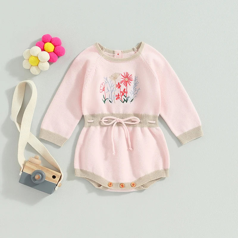 0-24M Baby Girls Romper Long Sleeve Flower Embroidery Drawstring Knit Sweater Jumpsuit