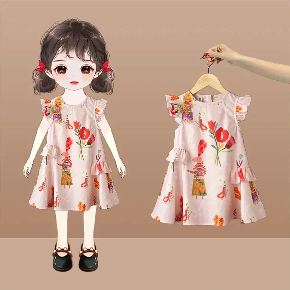 Girls' Round Neck Flying Sleeve Flower Print Dress