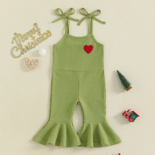 Toddler Girls' Christmas Flare Pants Romper - Heart Embroidery Sleeveless Bell Bottom Overalls