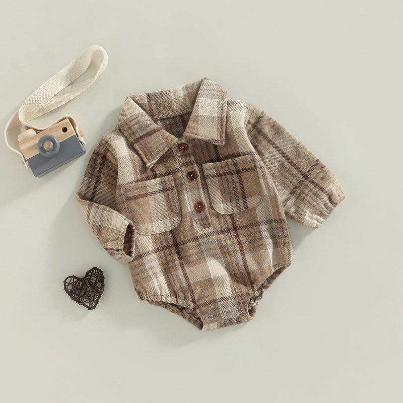 0-24M Infant Baby Boys Gentlemen Romper - Long Sleeve Turn Down Collar Plaid Printed Jumpsuit