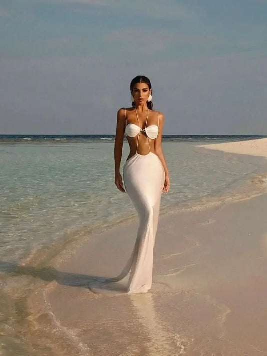 Strappy Cut-Out Halter Maxi Dress - Elegant Beach Cover-Up Party Dress