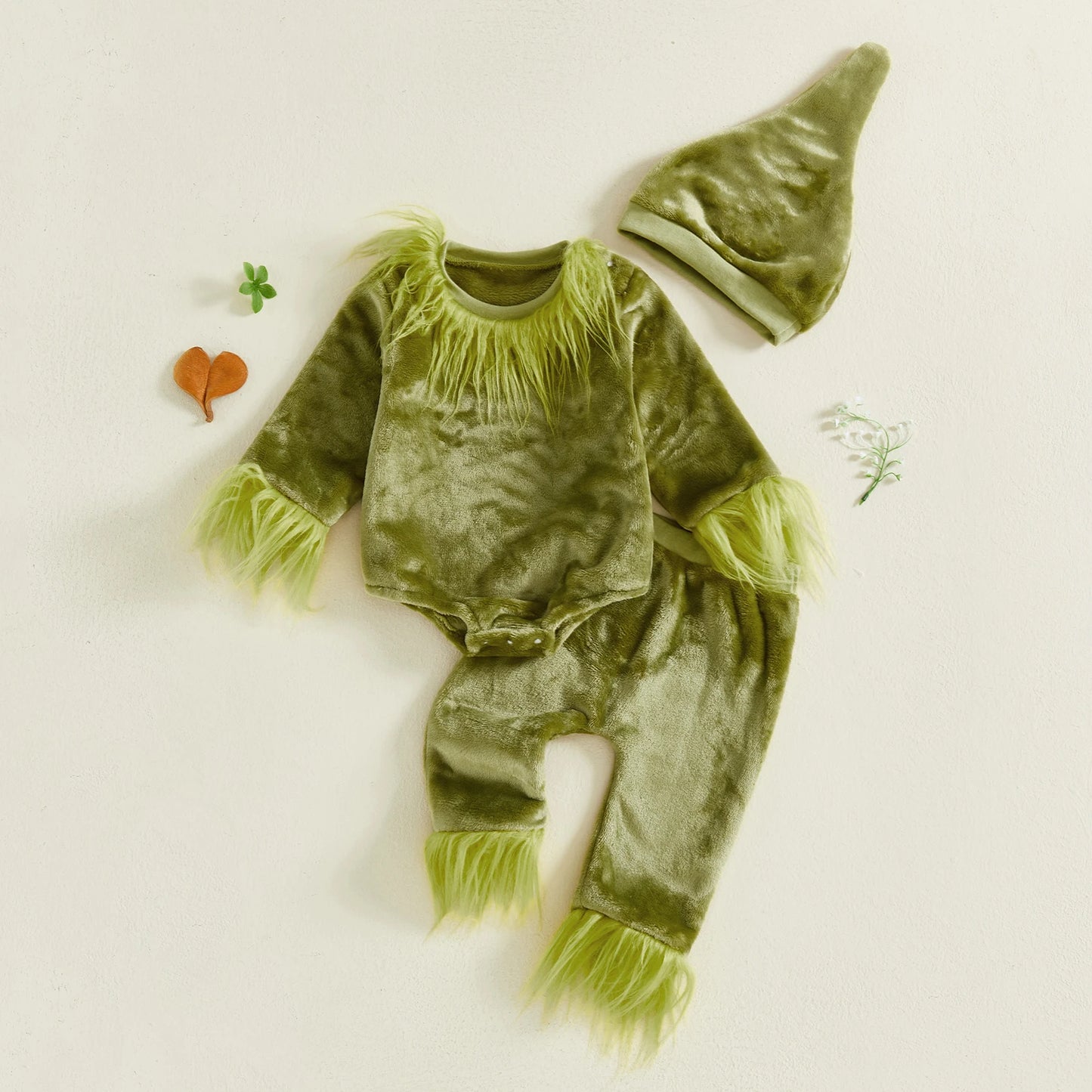 Baby Halloween 3-Piece Outfit Set - Plush Romper, Pants & Hat (0-18M)