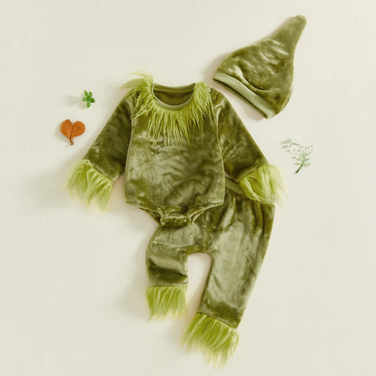 Baby Halloween 3-Piece Outfit Set - Plush Romper, Pants & Hat (0-18M)