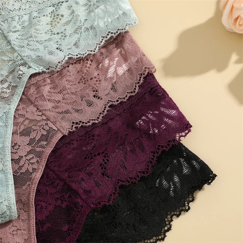 3Pcs Women's Lace Hollow Out Underwear Floral Print Panties Low-Waist Thong Breathable G-string Lingerie