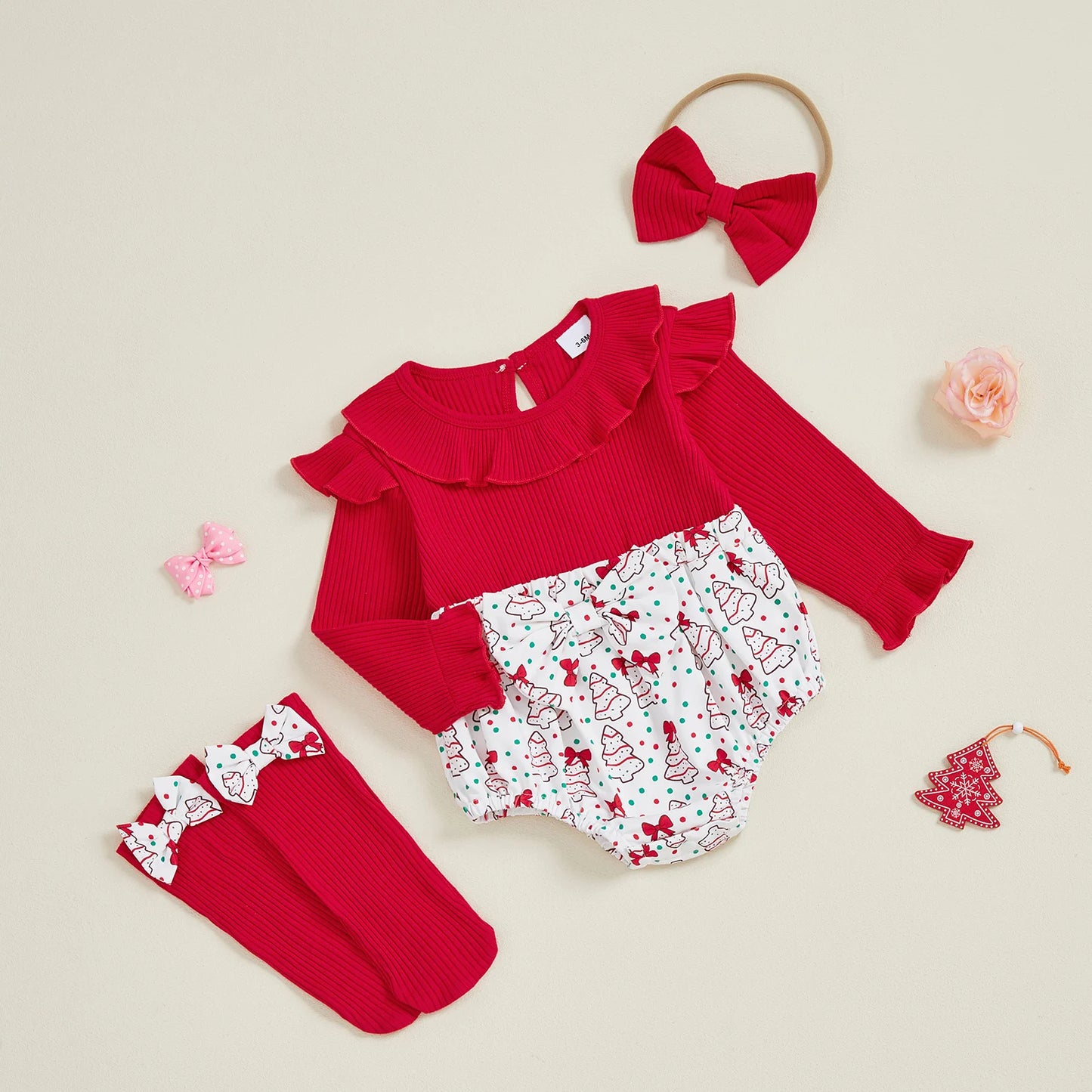 Baby Girls Christmas Romper Set - Santa Tree Bow Print Long Sleeve Ruffle Jumpsuit with Headband & Socks