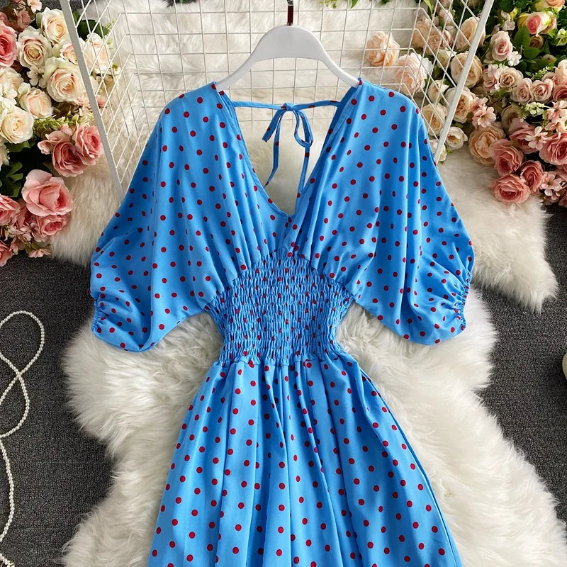 Women's V-Neck Polka Dot Jumpsuit - Wide Leg Trousers with Dolman Sleeves