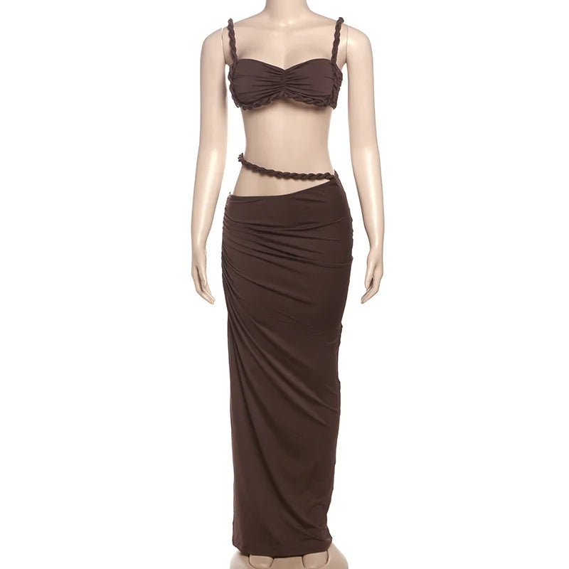 Women's Ruched Bandage 2 Piece Set Backless Decorative Cord Top and Skirt Dress Set