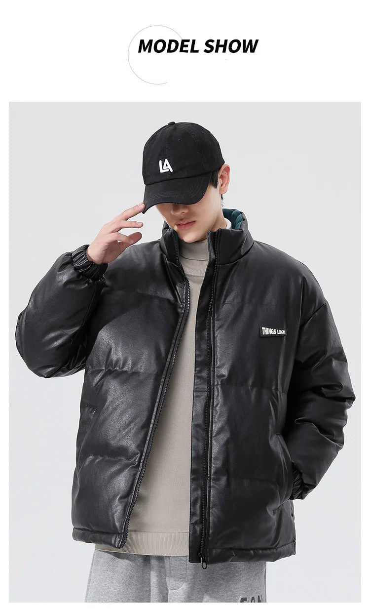Men's PU leather Stand-up collar thickened cotton-padded Jacket
