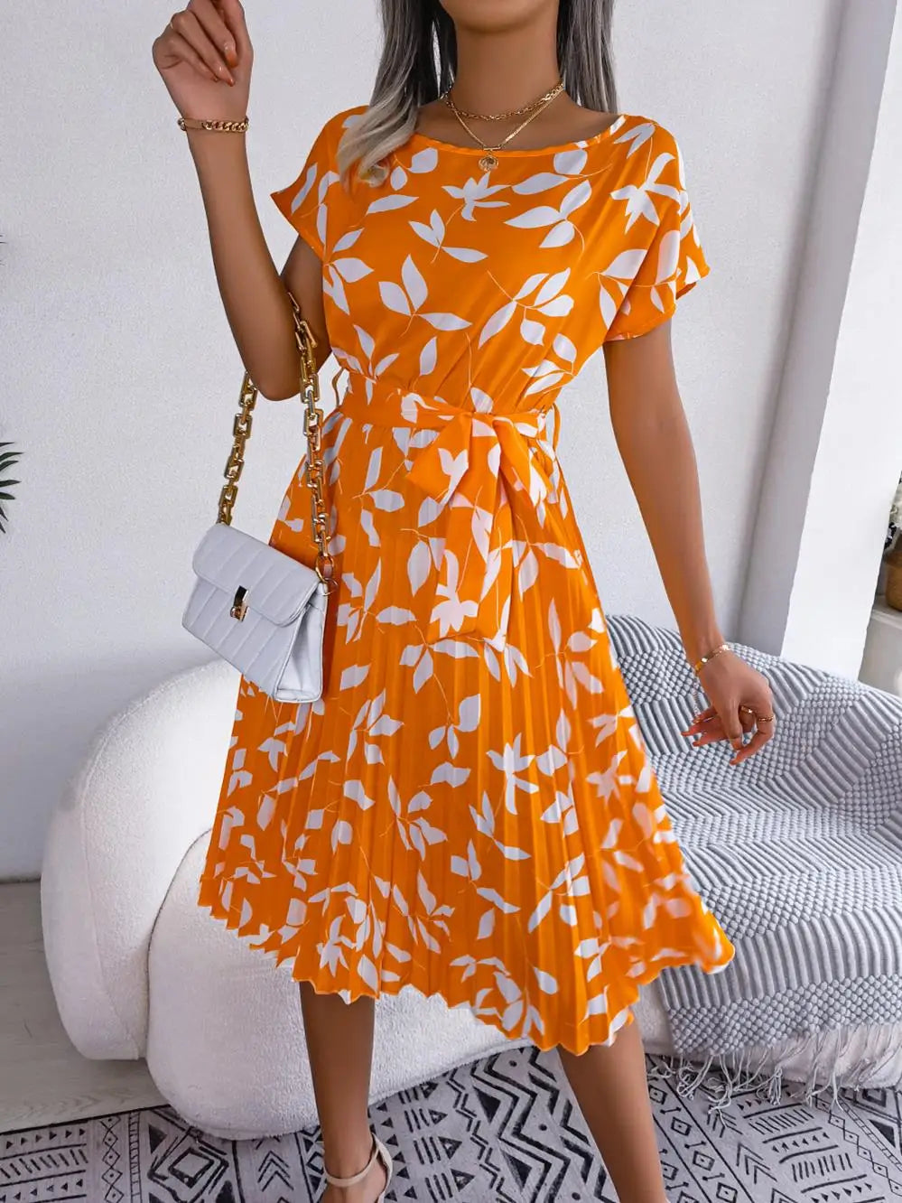 Women's Floral Pleated A Line Long Spring Summer Short Sleeve High Waist Chic Dress