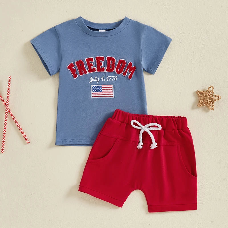 0-4Y Toddler Kids Boys American Flag Clothes Sets Letter Flag Embroidery Crew Neck Short Sleeve T-Shirt and Shorts