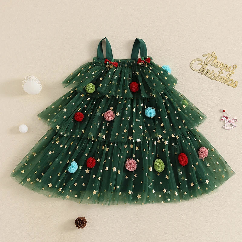 Girl's Festive Dress - Star Lace Layered Tulle Sundress with Plush Ball