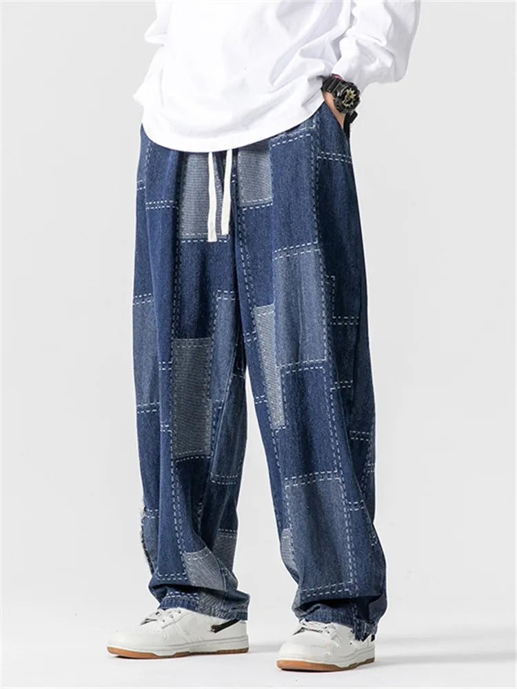 Men's Autumn Winter Loose Patchwork Denim Pants Casual Jean Trousers