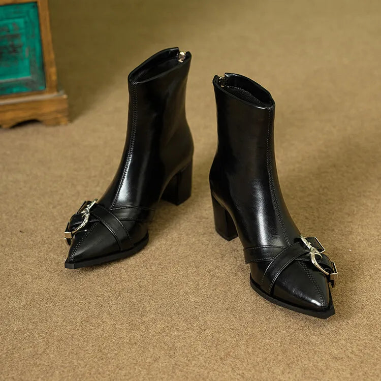 Women's Leather Metal Belt Buckle Short 6cm Square Heel Rivet Boot Back Zipper Boots