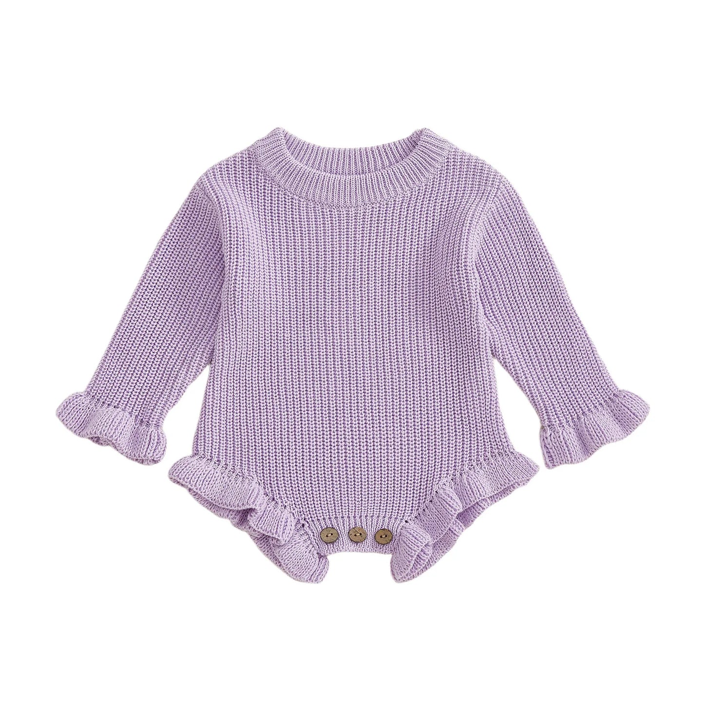 Newborn Baby Knit Romper - Long Sleeve Round Neck Ruffled Sweater Jumpsuit