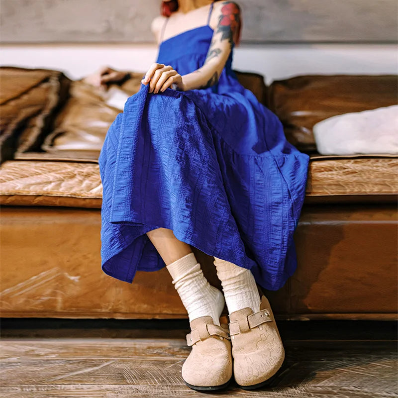 Women's Blue Seersucker Sleeveless A-Line Beach Dress - Summer Vacation Strappy Slip Dress