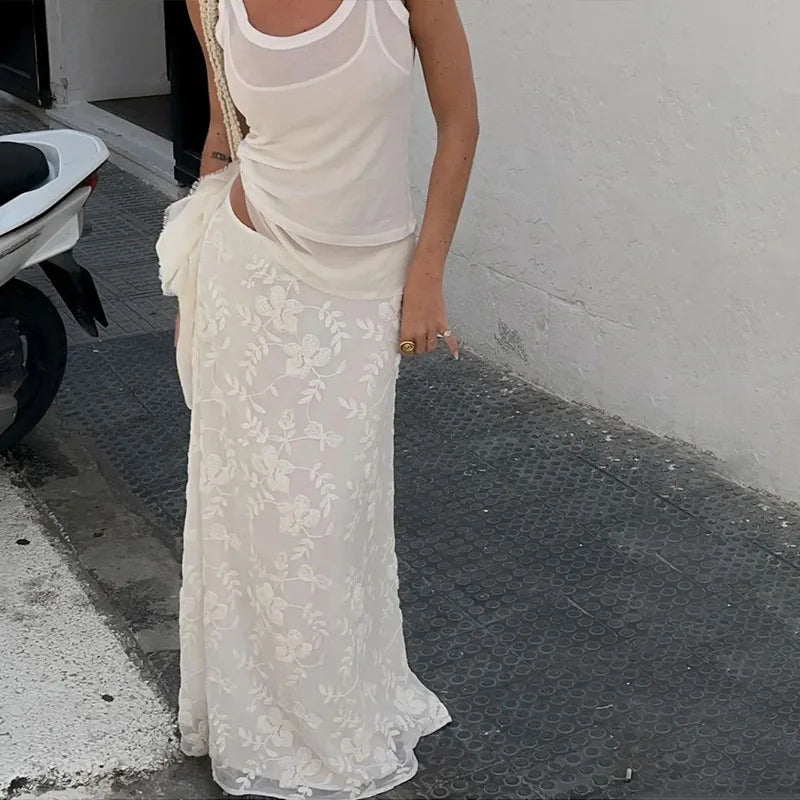 White Jacquard Maxi Skirt - Elegant Low Rise Y2K Summer Skirt