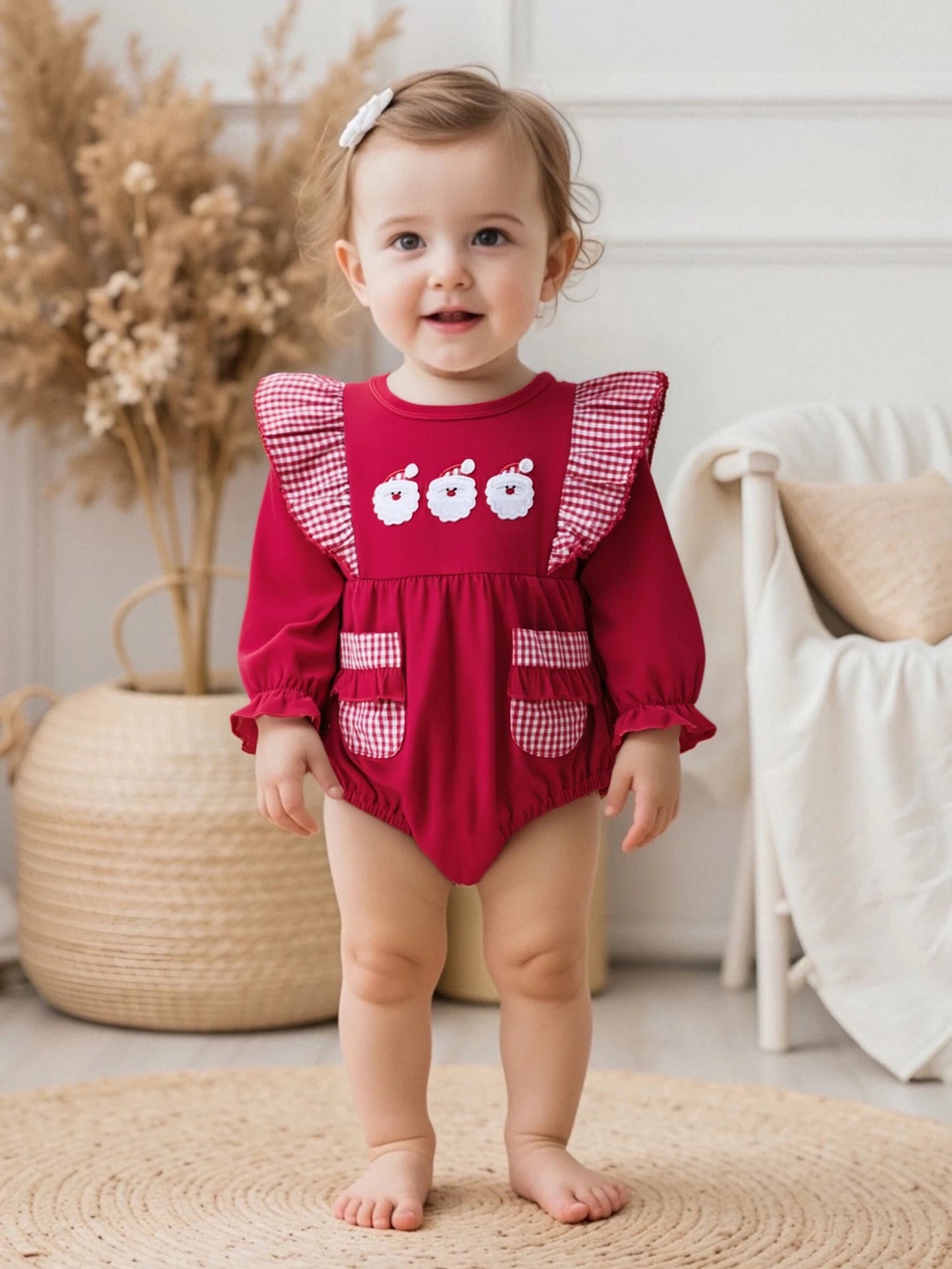 Baby Christmas Romper - Santa Plaid Ruffle Trim Long Sleeve Bodysuit with Pockets (0-18M)