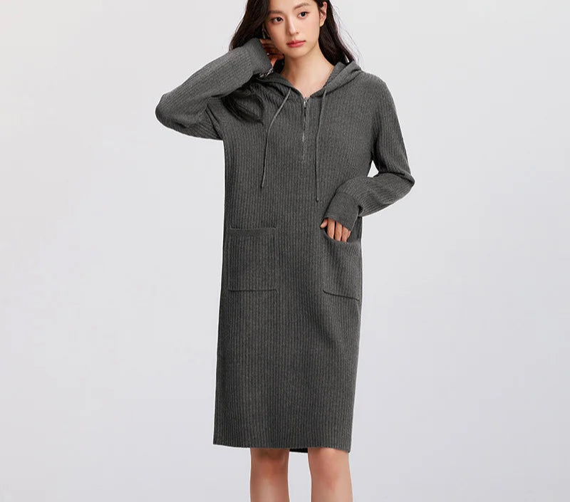 Women's Knit Hoodie Dress - Slim Fit Textured Mid-Length Winter Casual Style