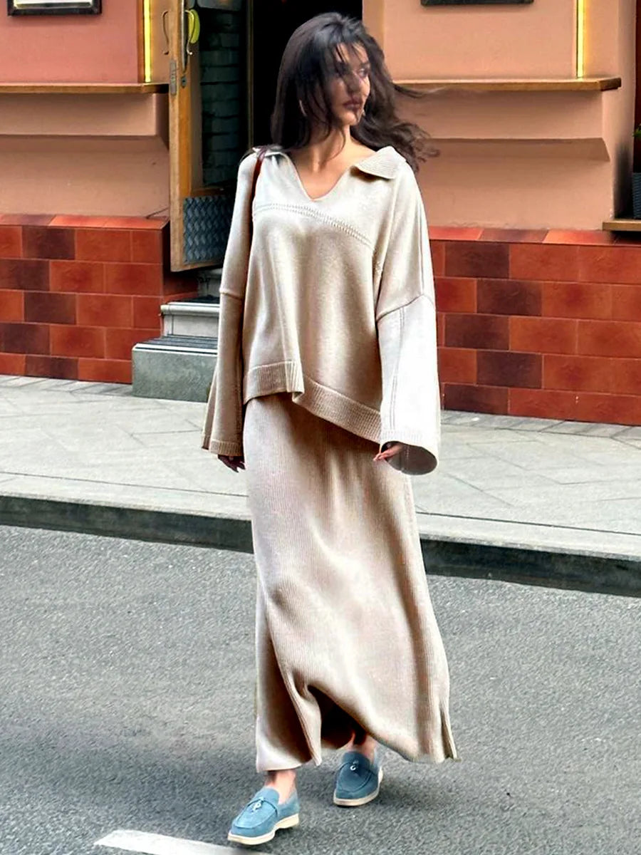 Women's Loose Sweater V-Neck Knit Pullover Top and Long High Waist Skirt 2 Piece Set