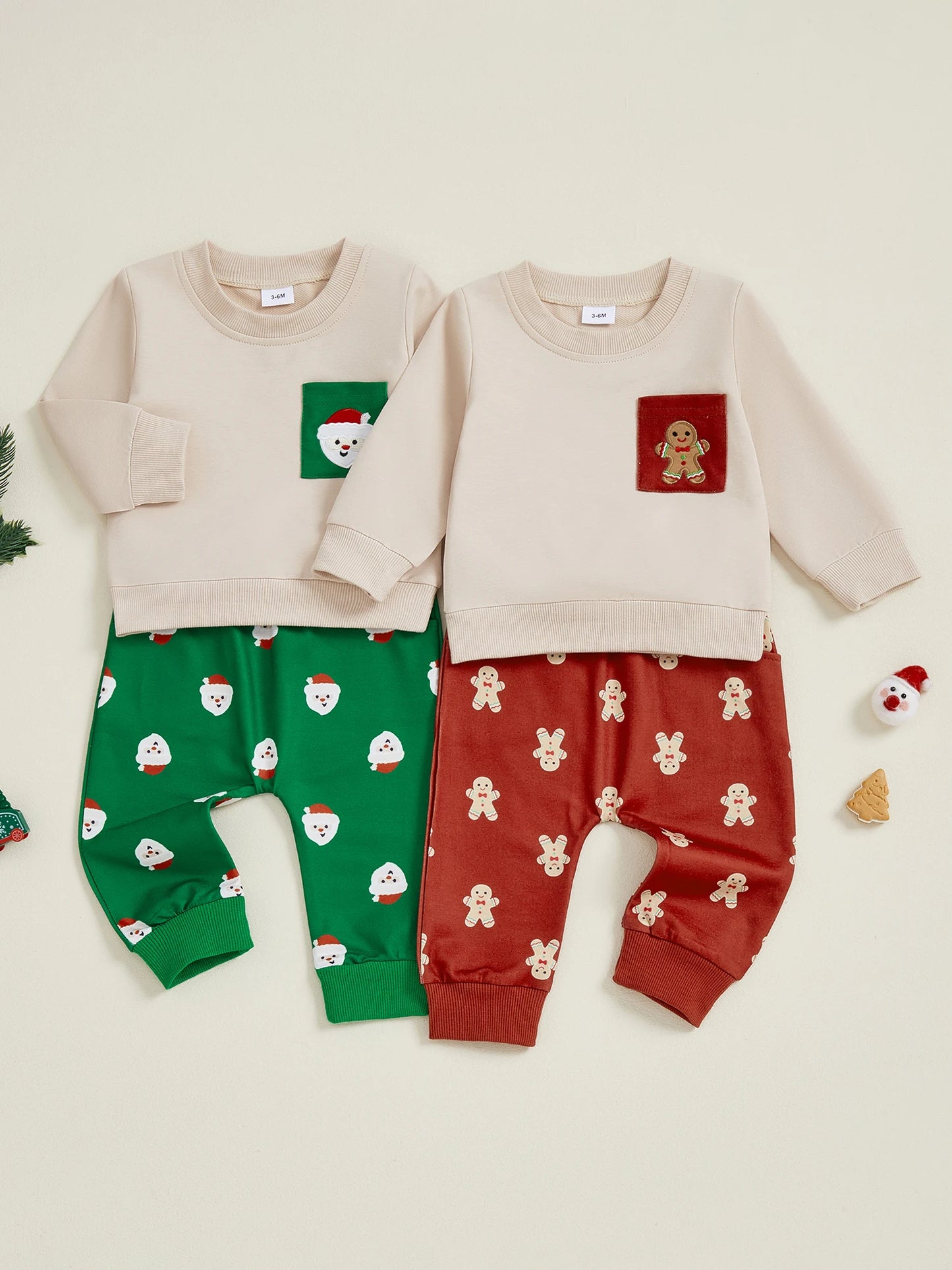 Baby Boys Christmas Gingerbread Outfit Set - Long Sleeve O-Neck Top & Drawstring Pants (0-3Y)