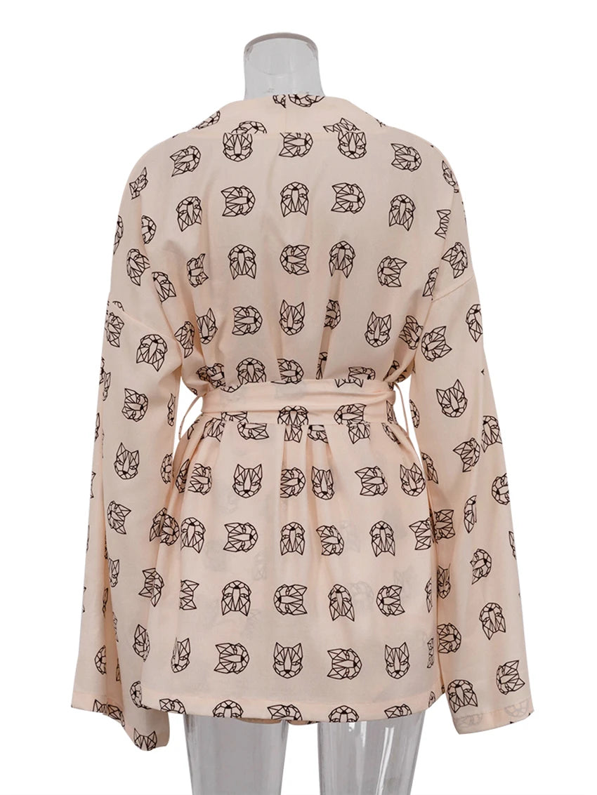 Women's Casual Print Pyjamas Lace-Up Long Sleeve Robes Shorts Sleepwear Set